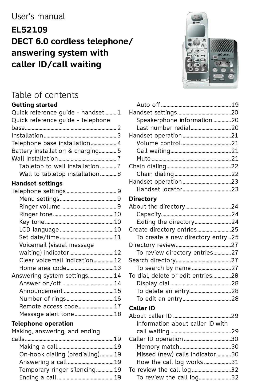 AT&T EL52109 user manual Table of contents 