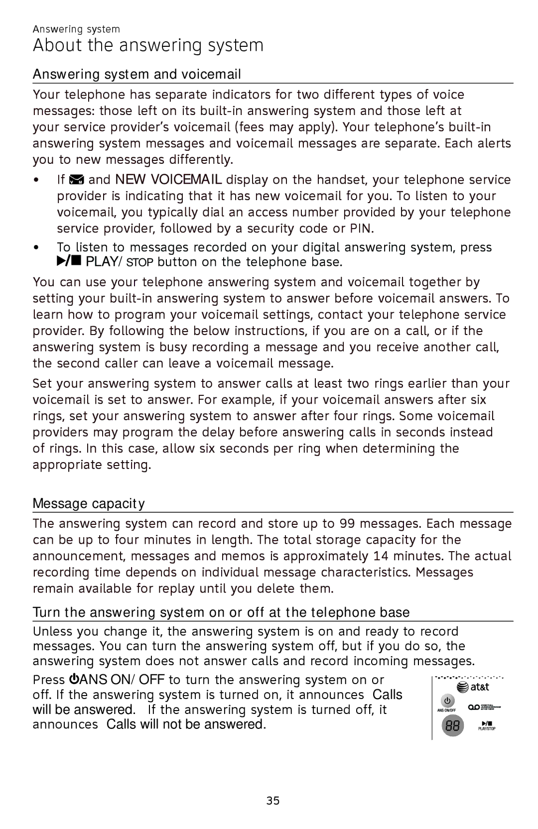 AT&T EL52109 user manual About the answering system, Answering system and voicemail, Message capacity 