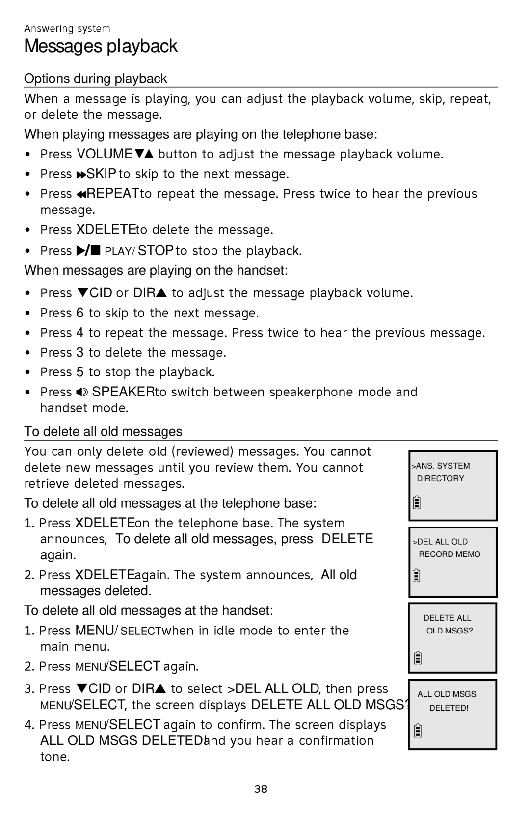 AT&T EL52109 Options during playback, When playing messages are playing on the telephone base, To delete all old messages 