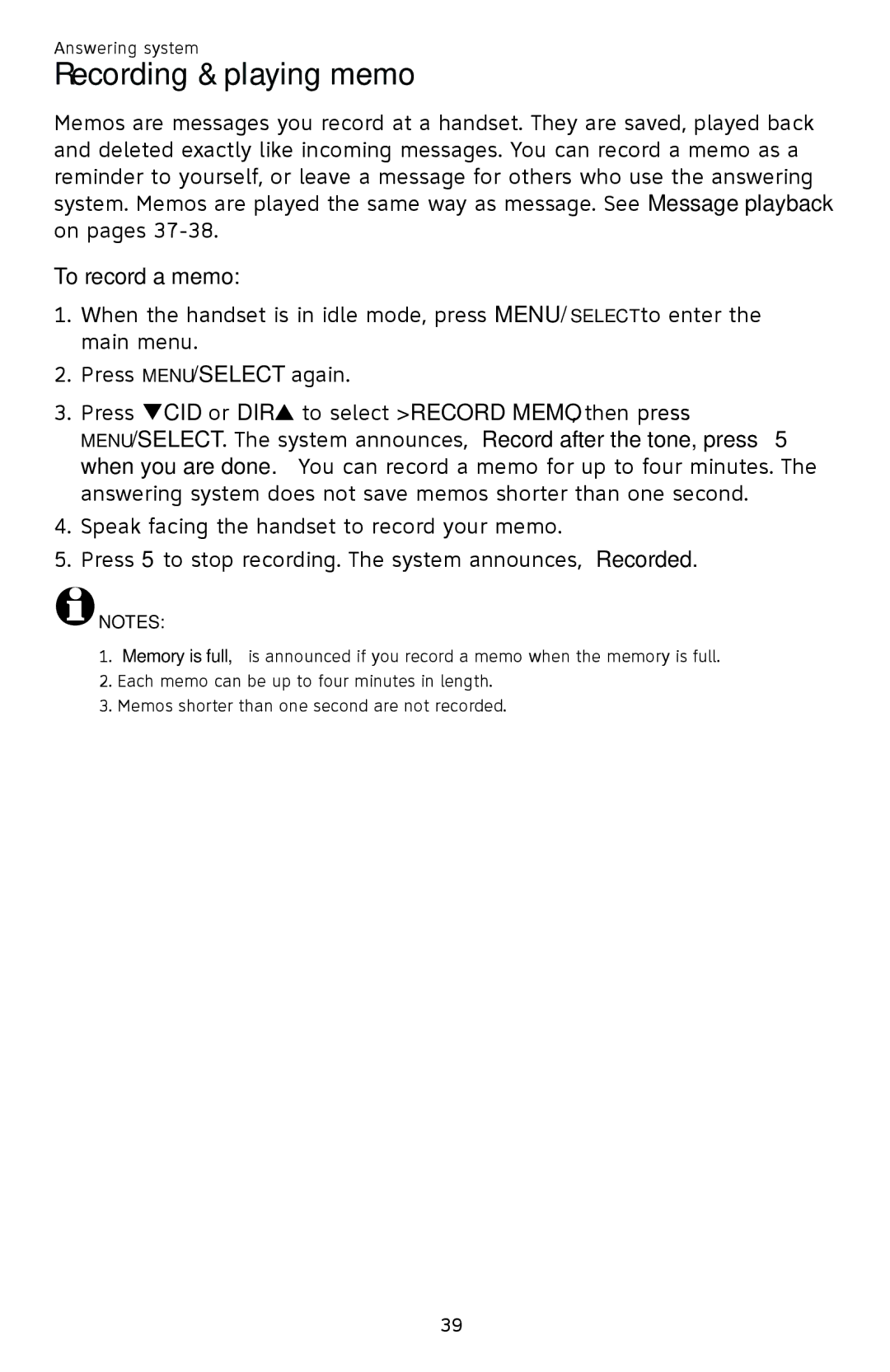 AT&T EL52109 user manual Recording & playing memo, To record a memo 