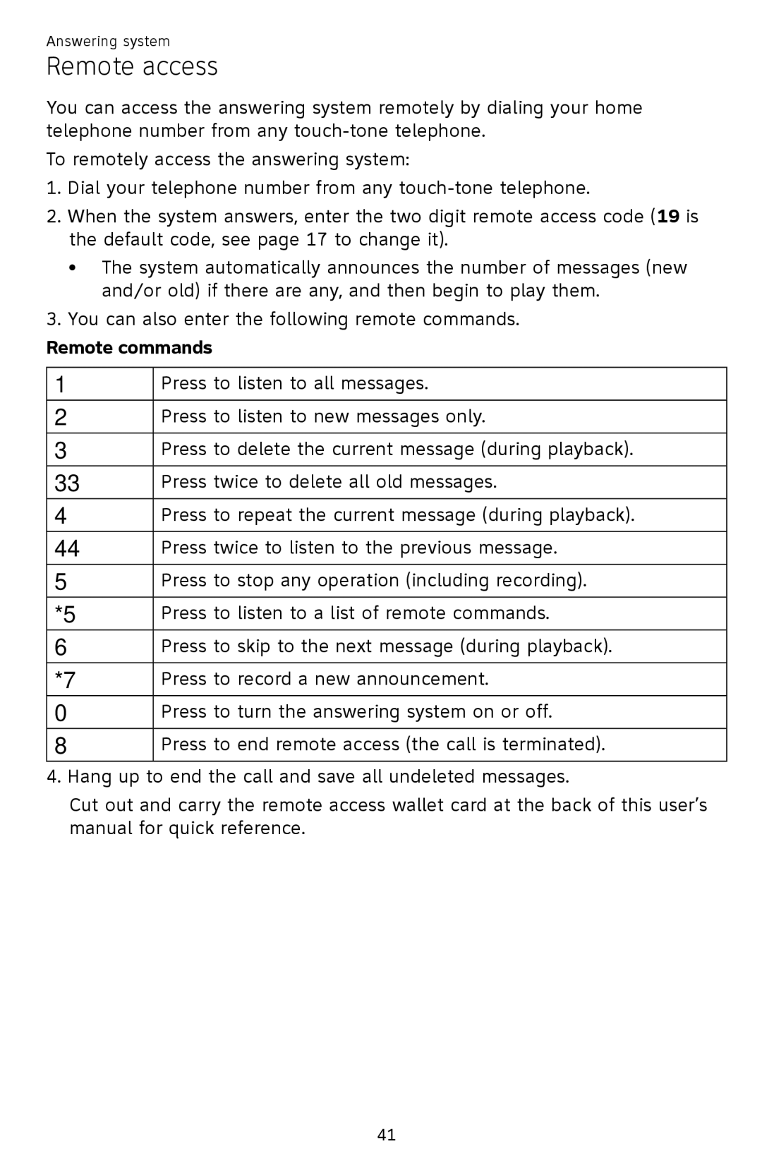 AT&T EL52109 user manual Remote access, Remote commands 