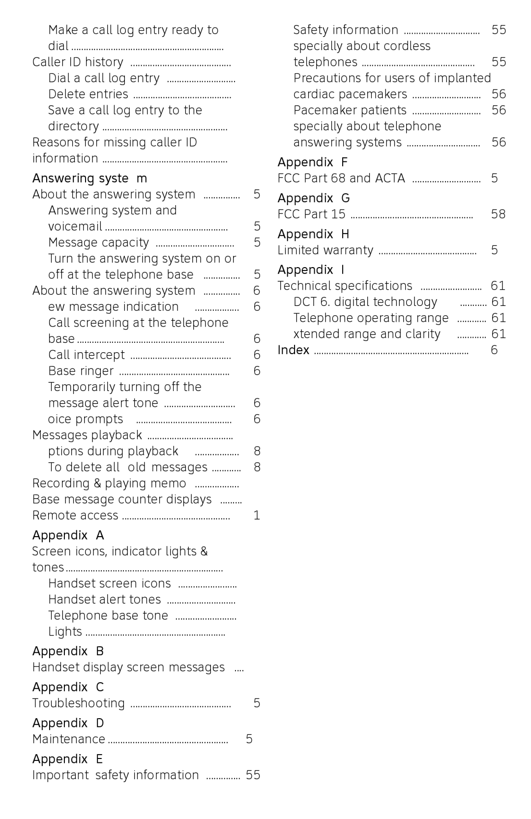 AT&T EL52109 Answering system, Appendix a, Appendix B, Appendix C, Appendix D, Appendix E, Appendix F, Appendix G 