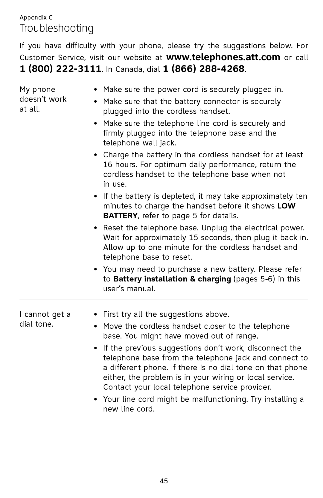 AT&T EL52109 user manual Troubleshooting 