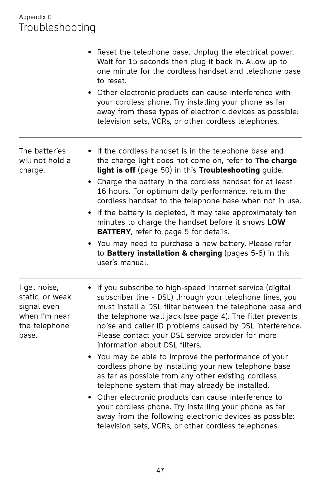 AT&T EL52109 Light is off page 50 in this Troubleshooting guide, To Battery installation & charging pages 5-6 in this 