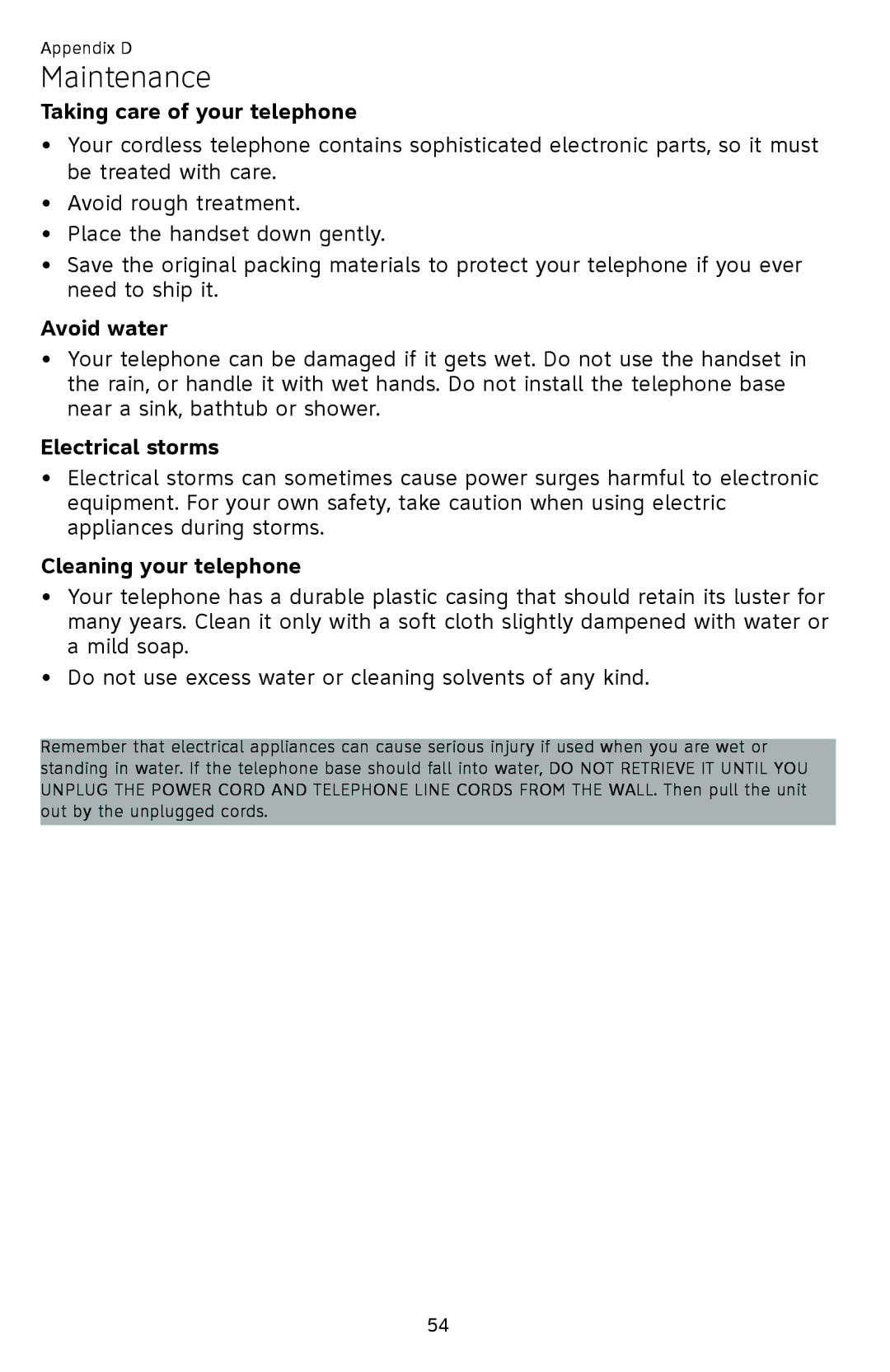 AT&T EL52109 Maintenance, Taking care of your telephone, Avoid water, Electrical storms, Cleaning your telephone 