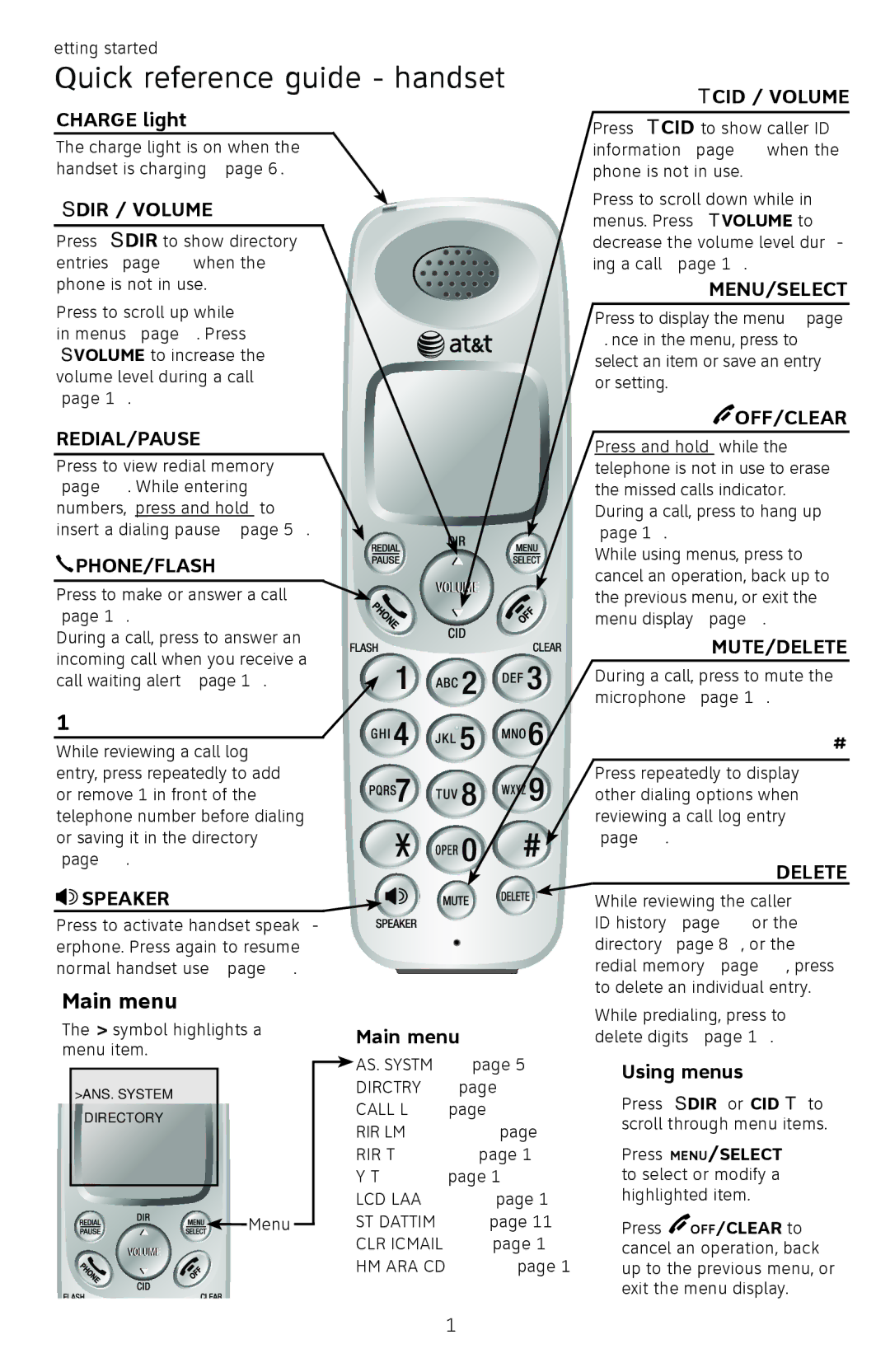 AT&T EL52109 user manual Quick reference guide handset, Main menu 