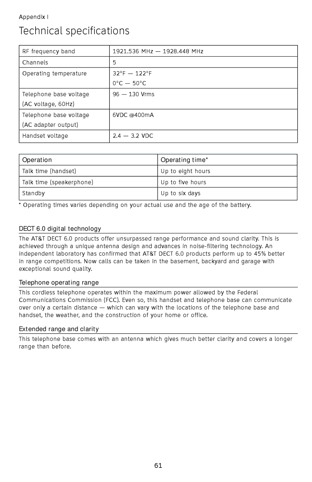 AT&T EL52109 user manual Technical specifications, Operation Operating time 