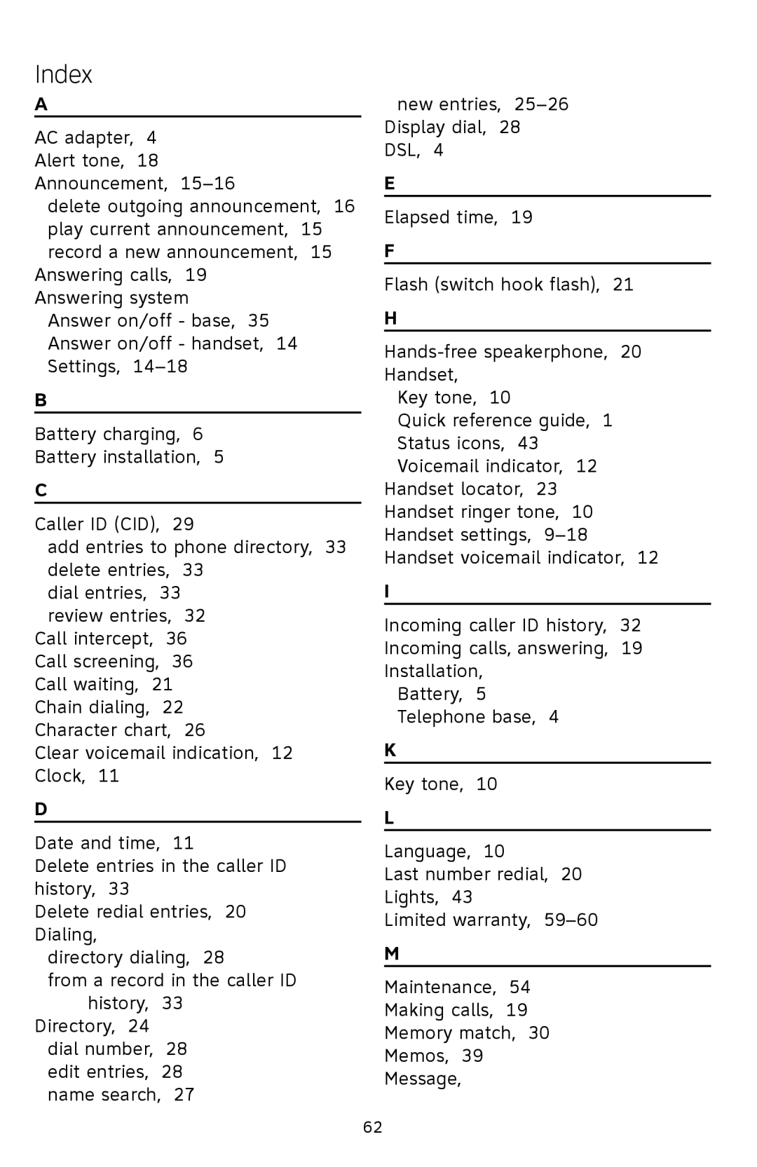 AT&T EL52109 user manual Index 