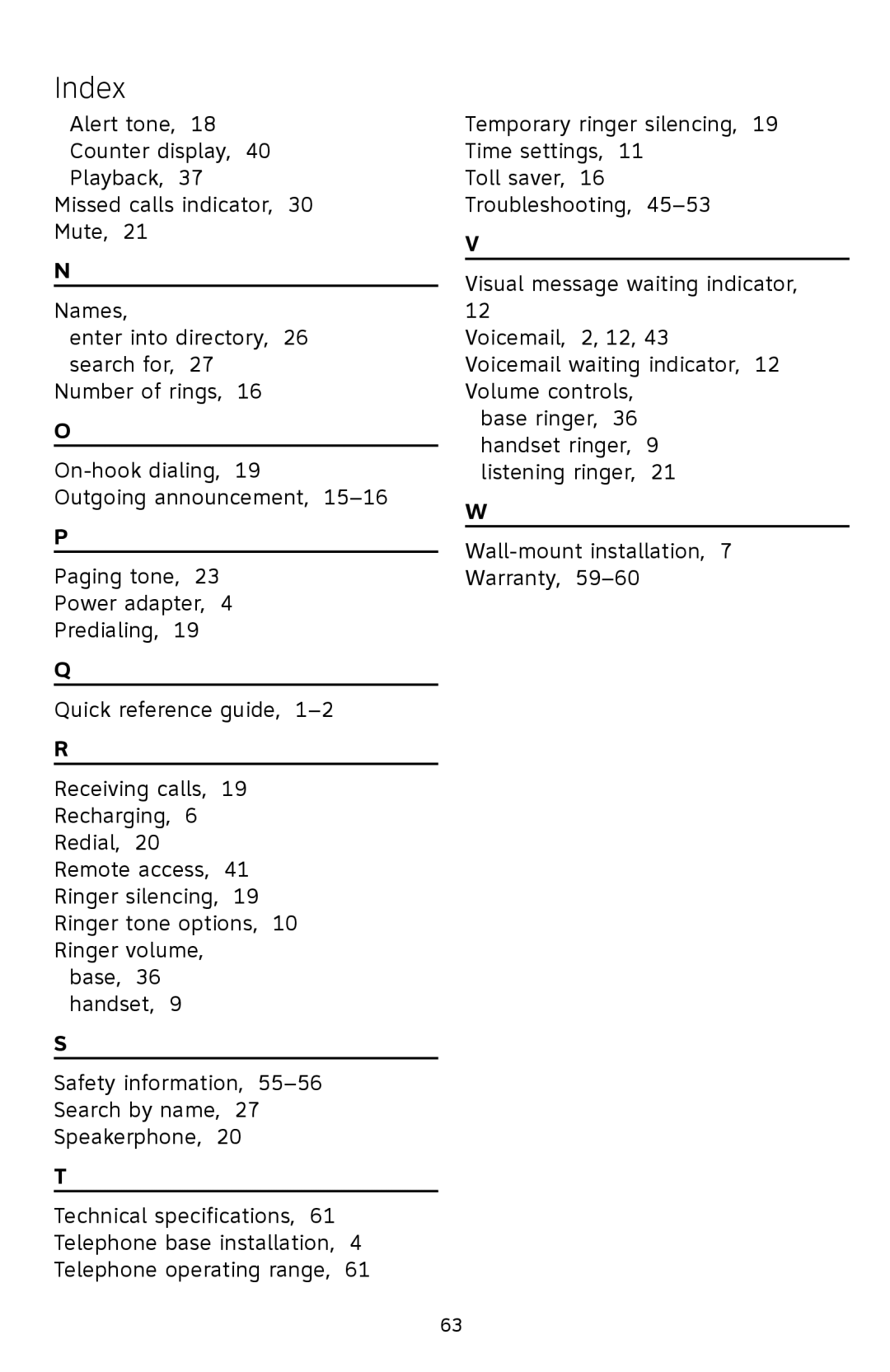 AT&T EL52109 user manual Index 