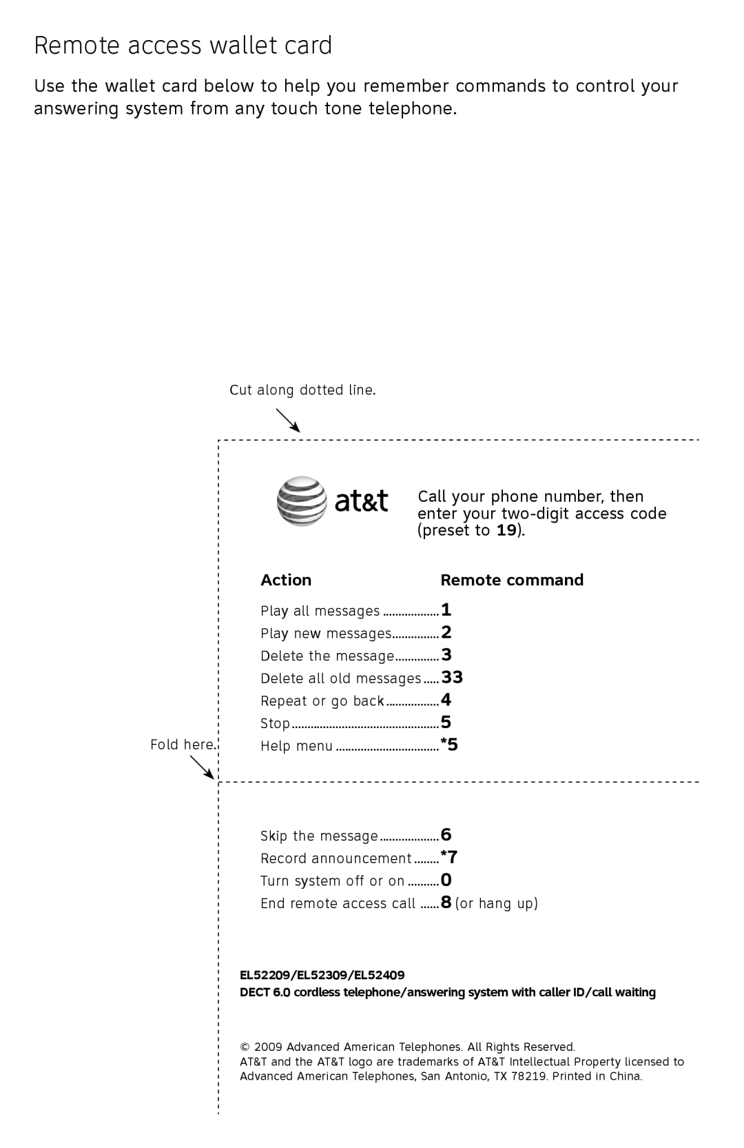 AT&T EL52109 user manual Remote access wallet card, Action Remote command 