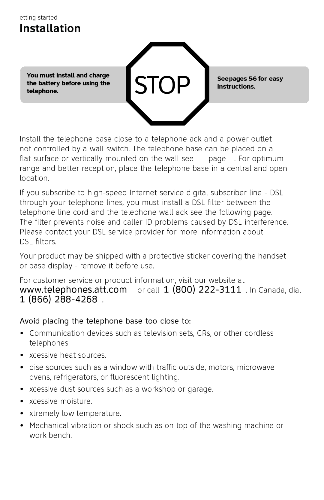 AT&T EL52109 user manual Installation, Avoid placing the telephone base too close to 