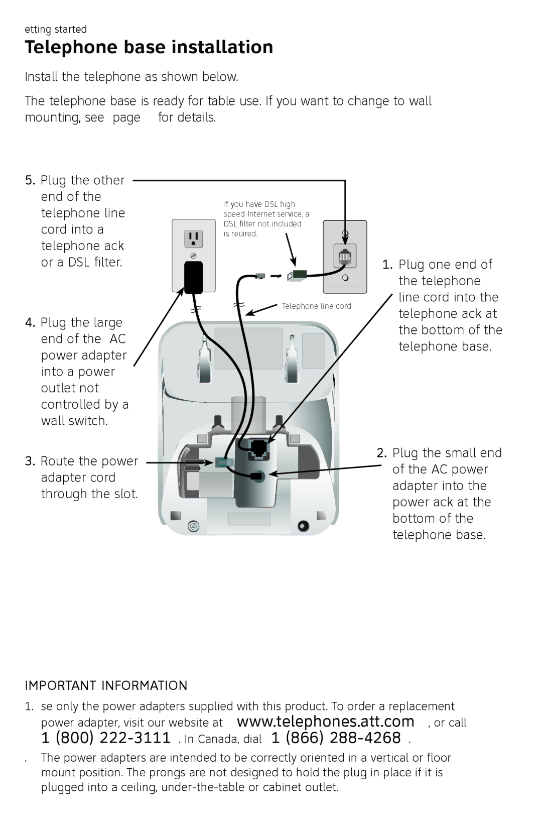 AT&T EL52109 user manual Telephone base installation, 800 222-3111. In Canada, dial 1 866 