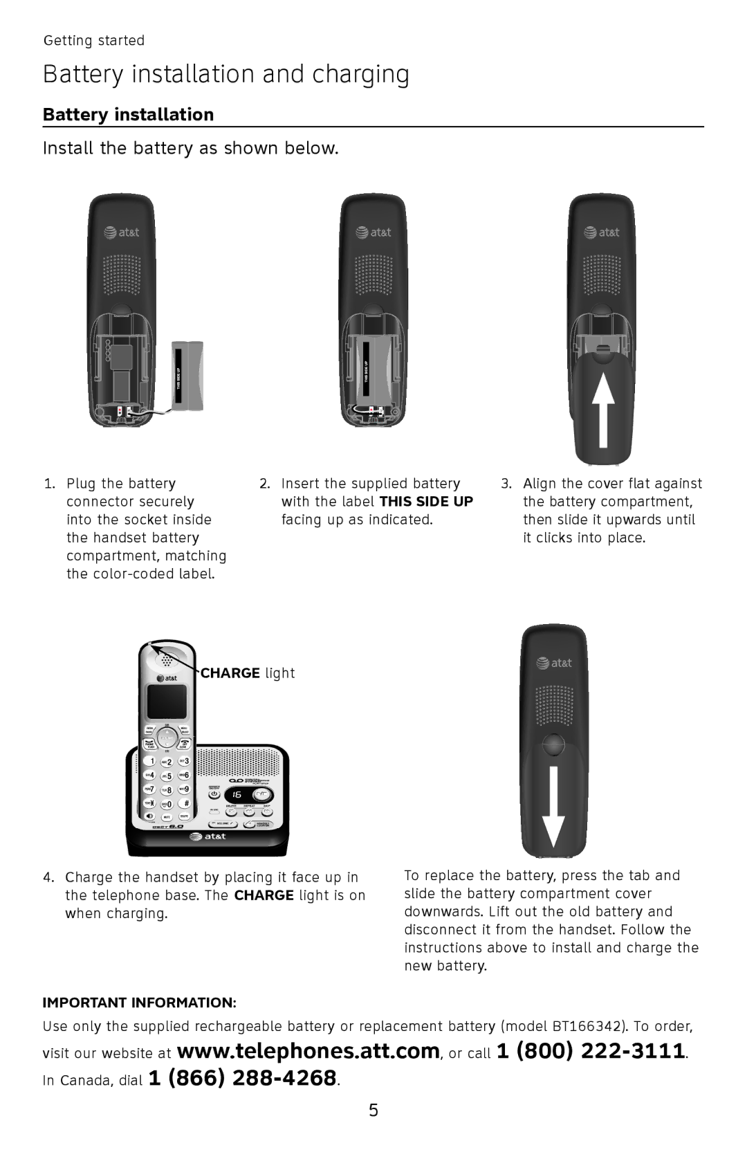 AT&T EL52110, EL52100 user manual Battery installation and charging, Charge light, Important Information 