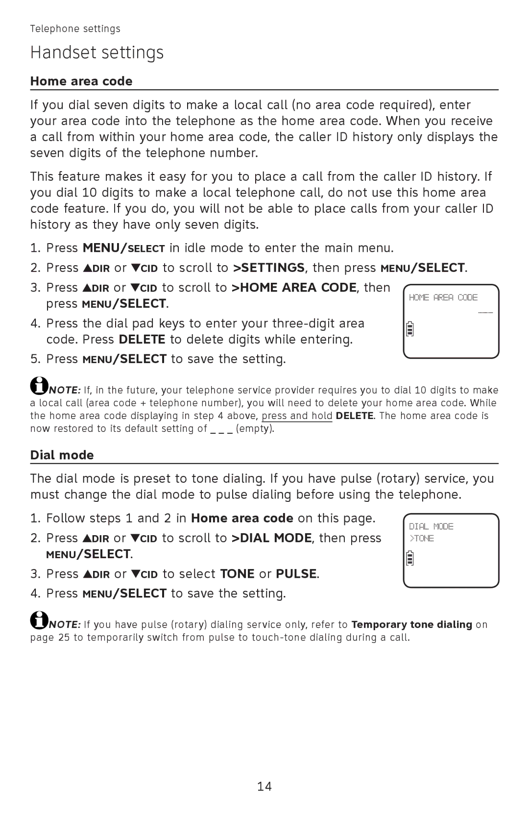 AT&T EL52100, EL52110 user manual Home area code, Dial mode 