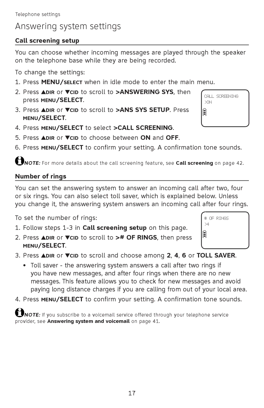 AT&T EL52110, EL52100 user manual Call screening setup, Press MENU/SELECT to select Call Screening, Number of rings 