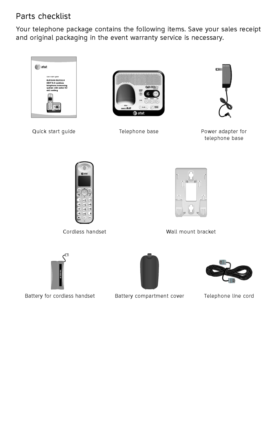 AT&T EL52100, EL52110 user manual Parts checklist 