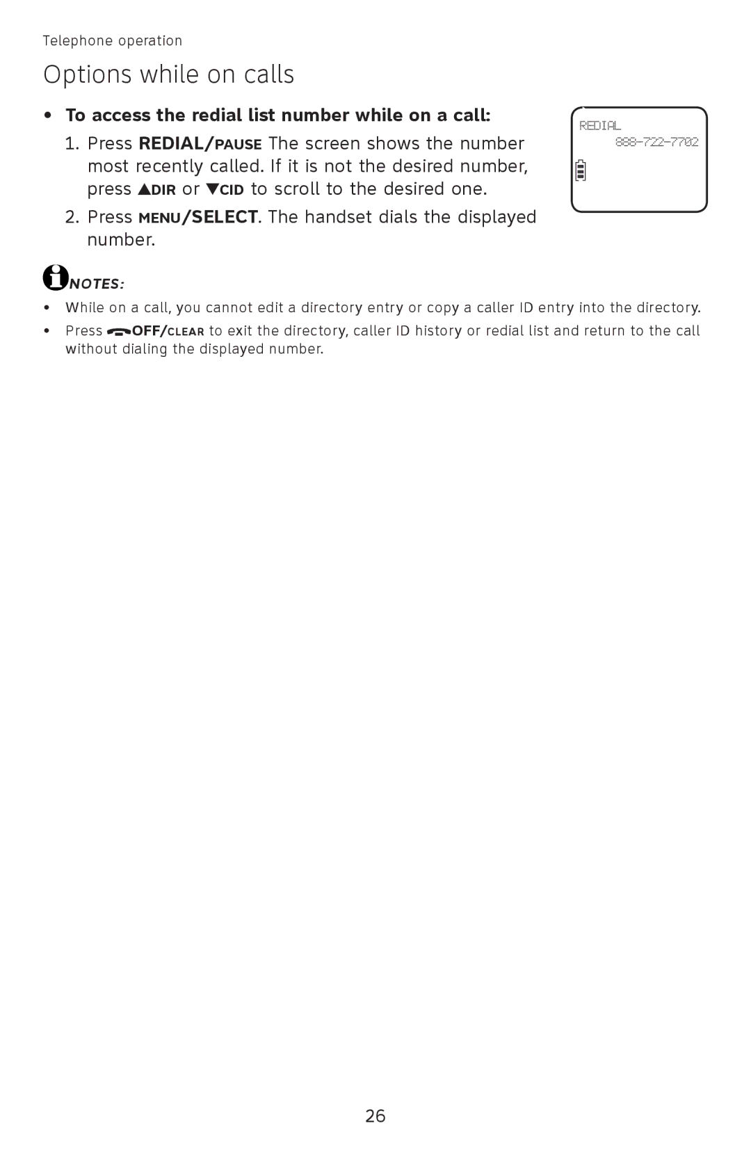 AT&T EL52100, EL52110 user manual To access the redial list number while on a call 