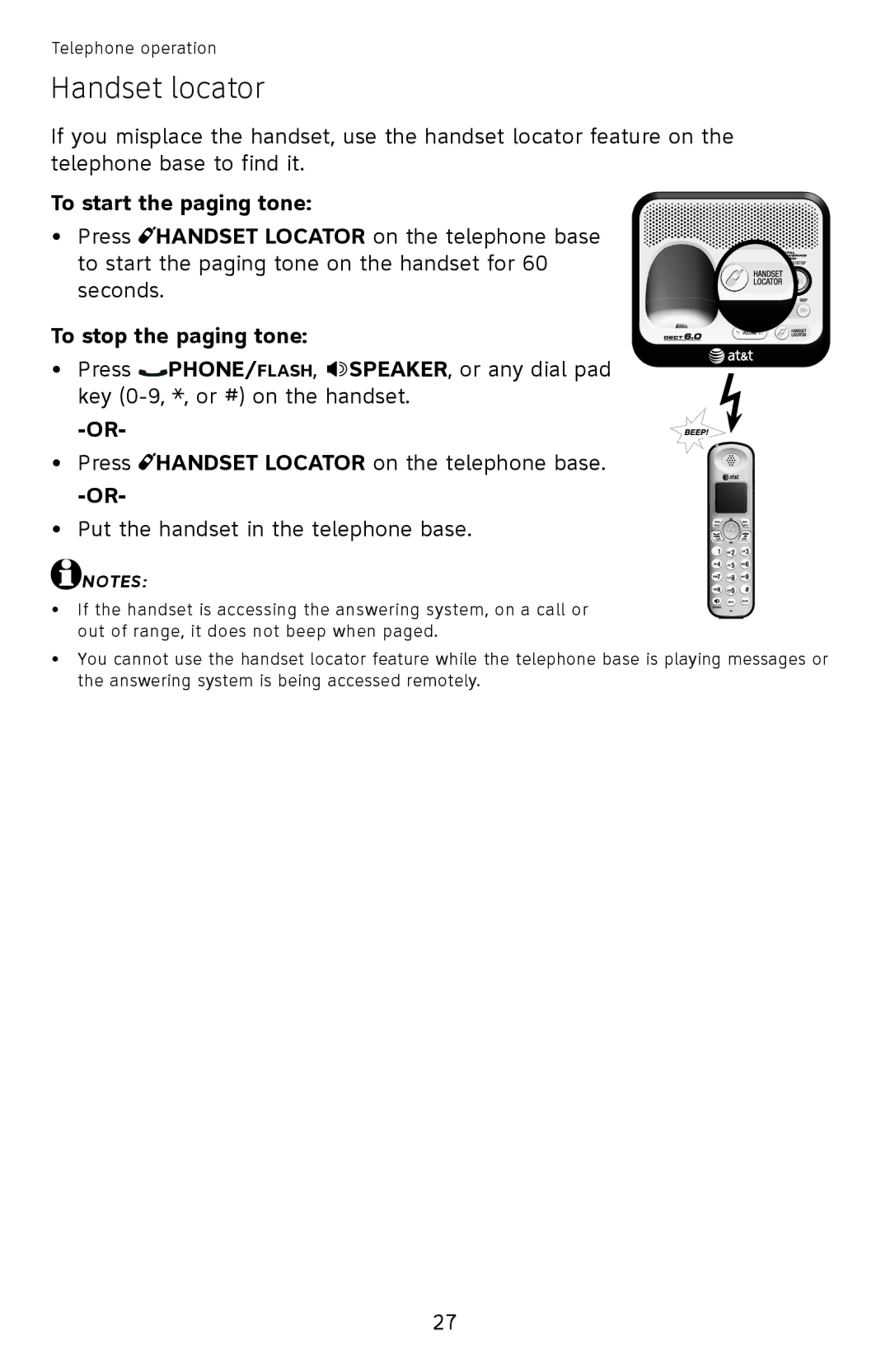 AT&T EL52110, EL52100 user manual Handset locator, To start the paging tone, To stop the paging tone 