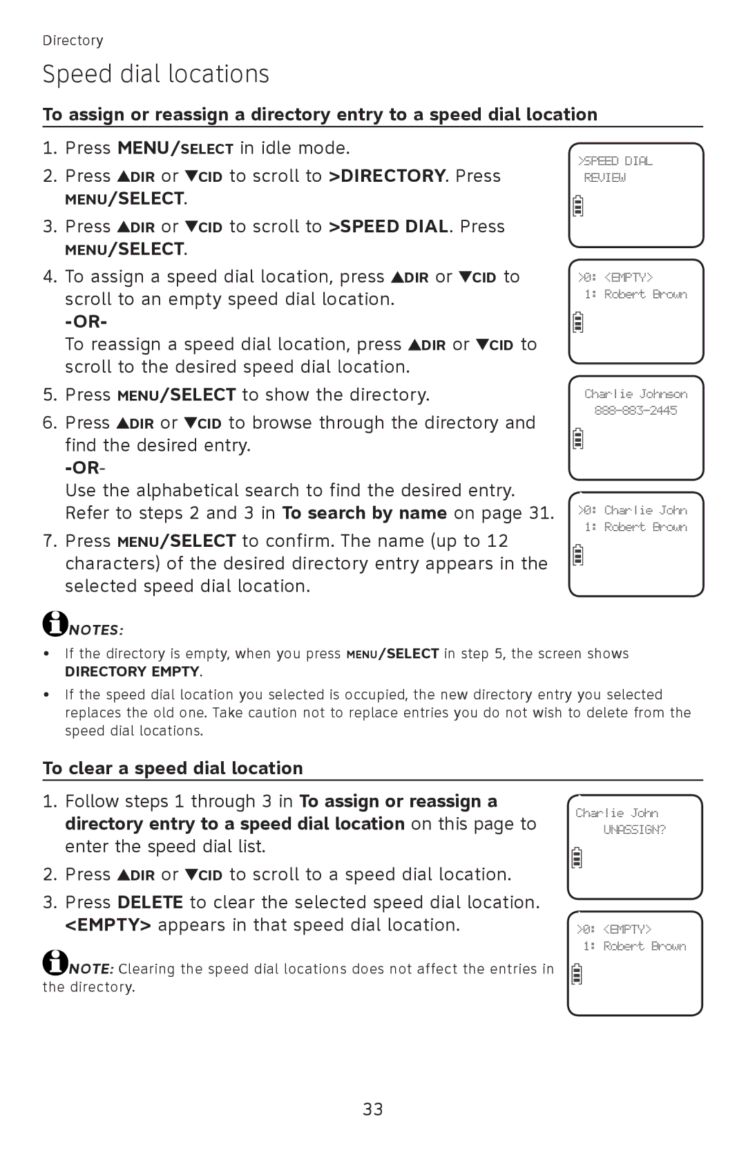 AT&T EL52110, EL52100 user manual Speed dial locations, To clear a speed dial location, Directory Empty 