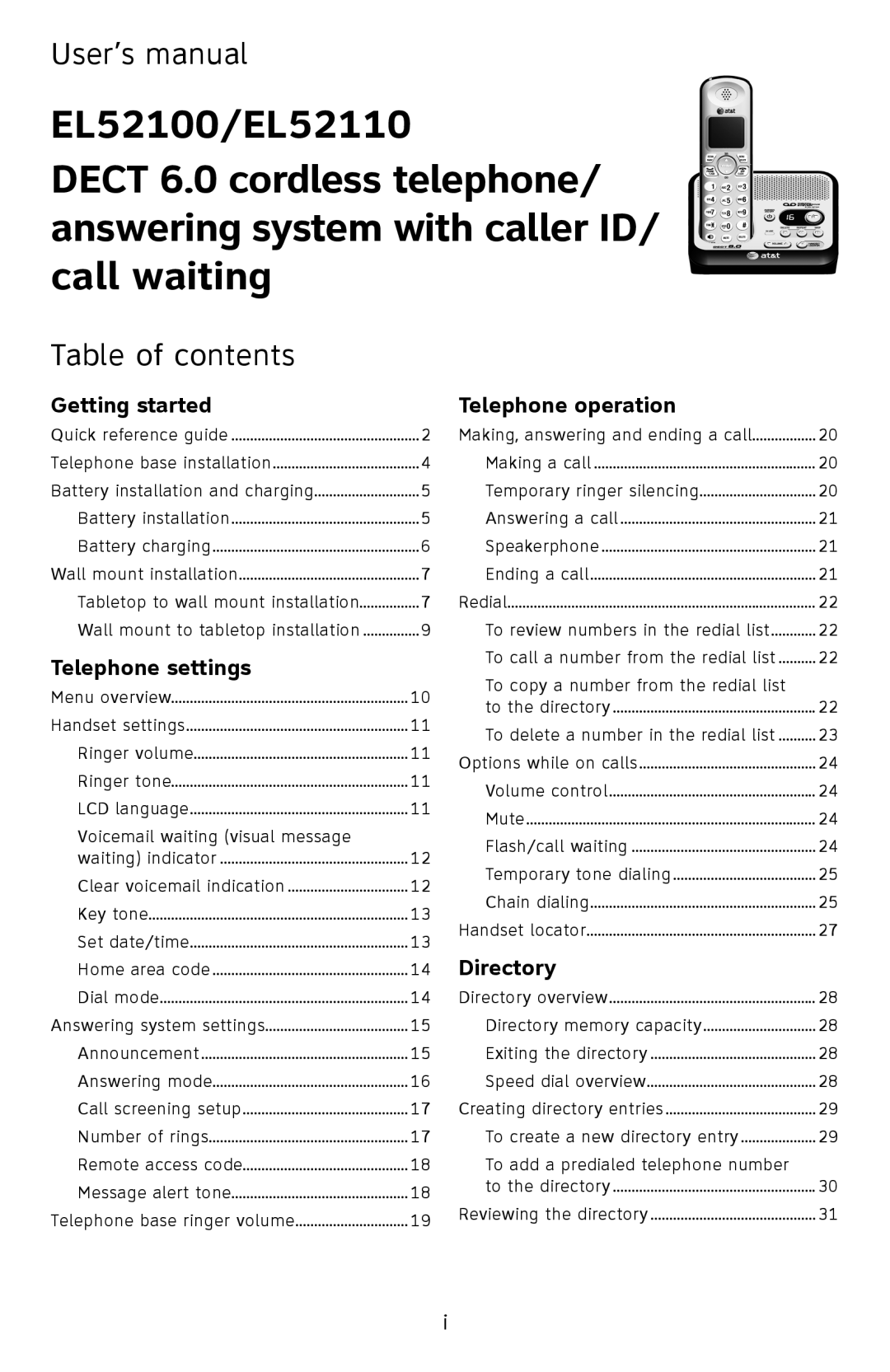 AT&T EL52110, EL52100 user manual User’s manual, Table of contents 