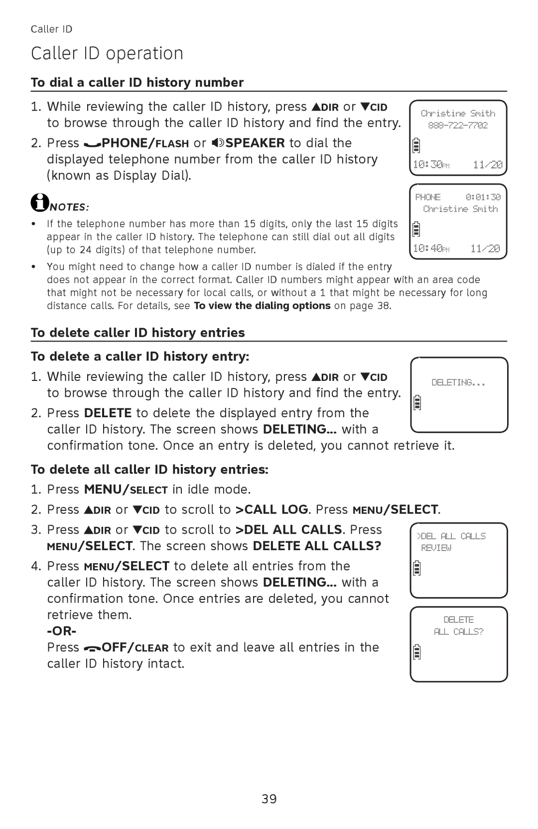 AT&T EL52110, EL52100 user manual To dial a caller ID history number, To delete all caller ID history entries 