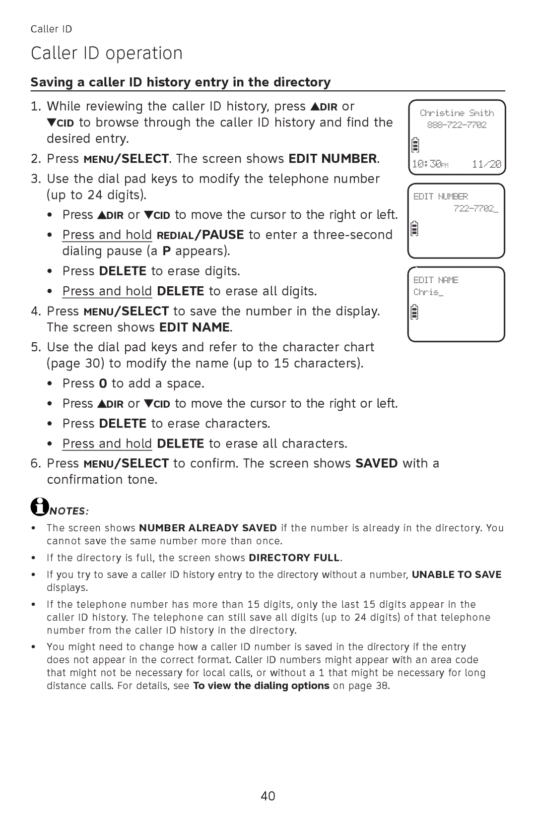 AT&T EL52100, EL52110 user manual Saving a caller ID history entry in the directory 