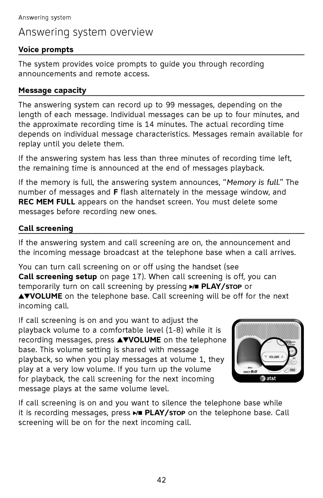 AT&T EL52100, EL52110 user manual Answering system overview, Voice prompts, Message capacity, Call screening 