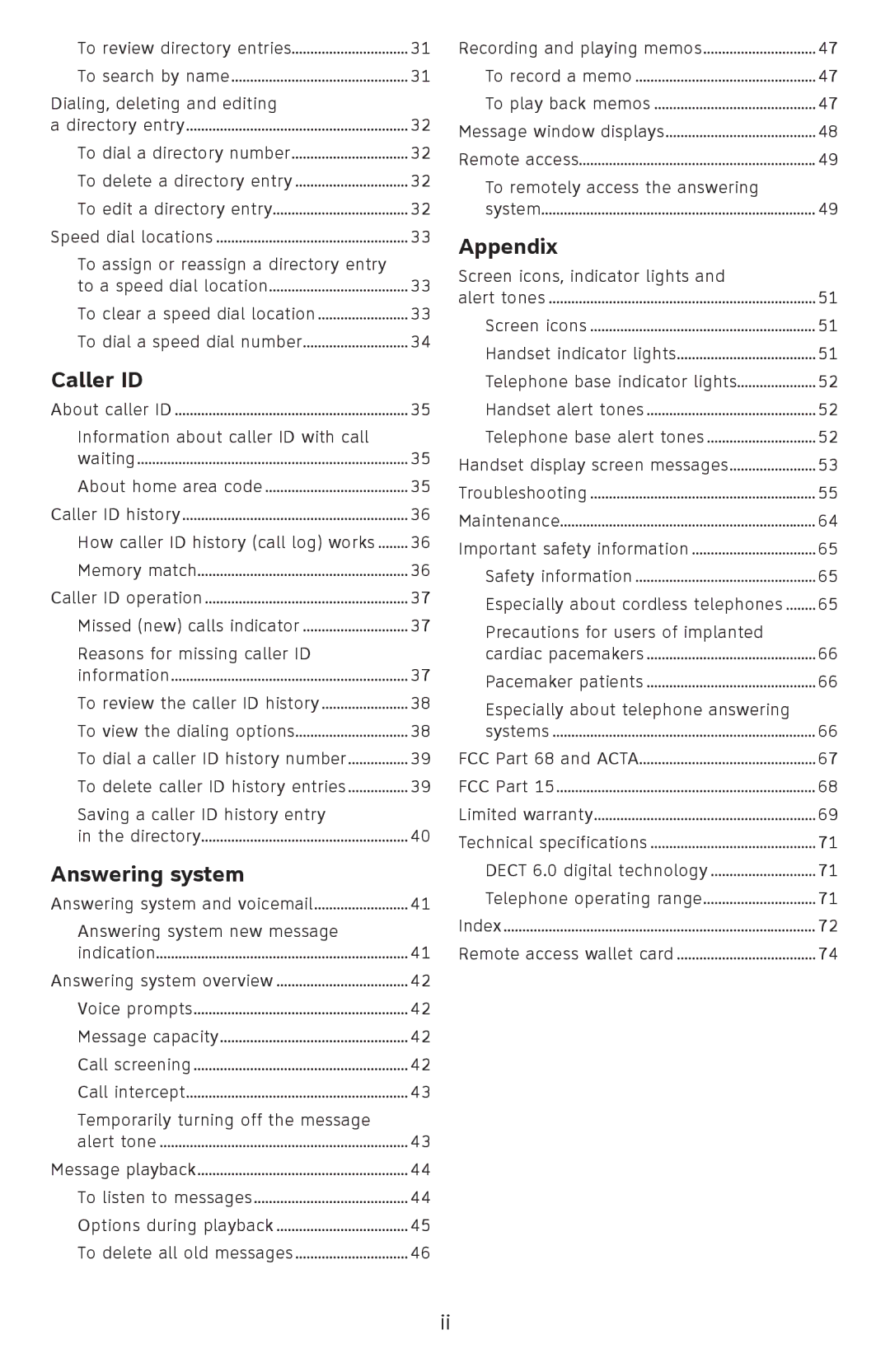 AT&T EL52100, EL52110 user manual Caller ID, Answering system, Appendix 