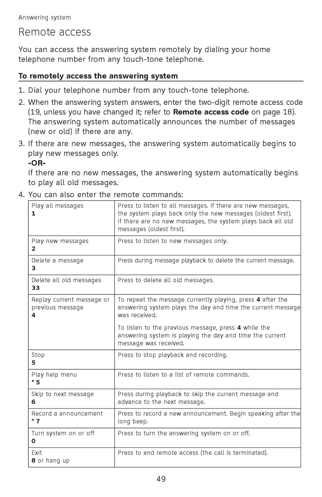 AT&T EL52110, EL52100 user manual Remote access, To remotely access the answering system 