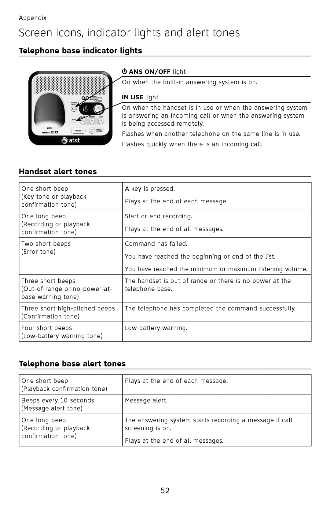 AT&T EL52100 Telephone base indicator lights, Handset alert tones, Telephone base alert tones, ANS ON/OFF light, USE light 