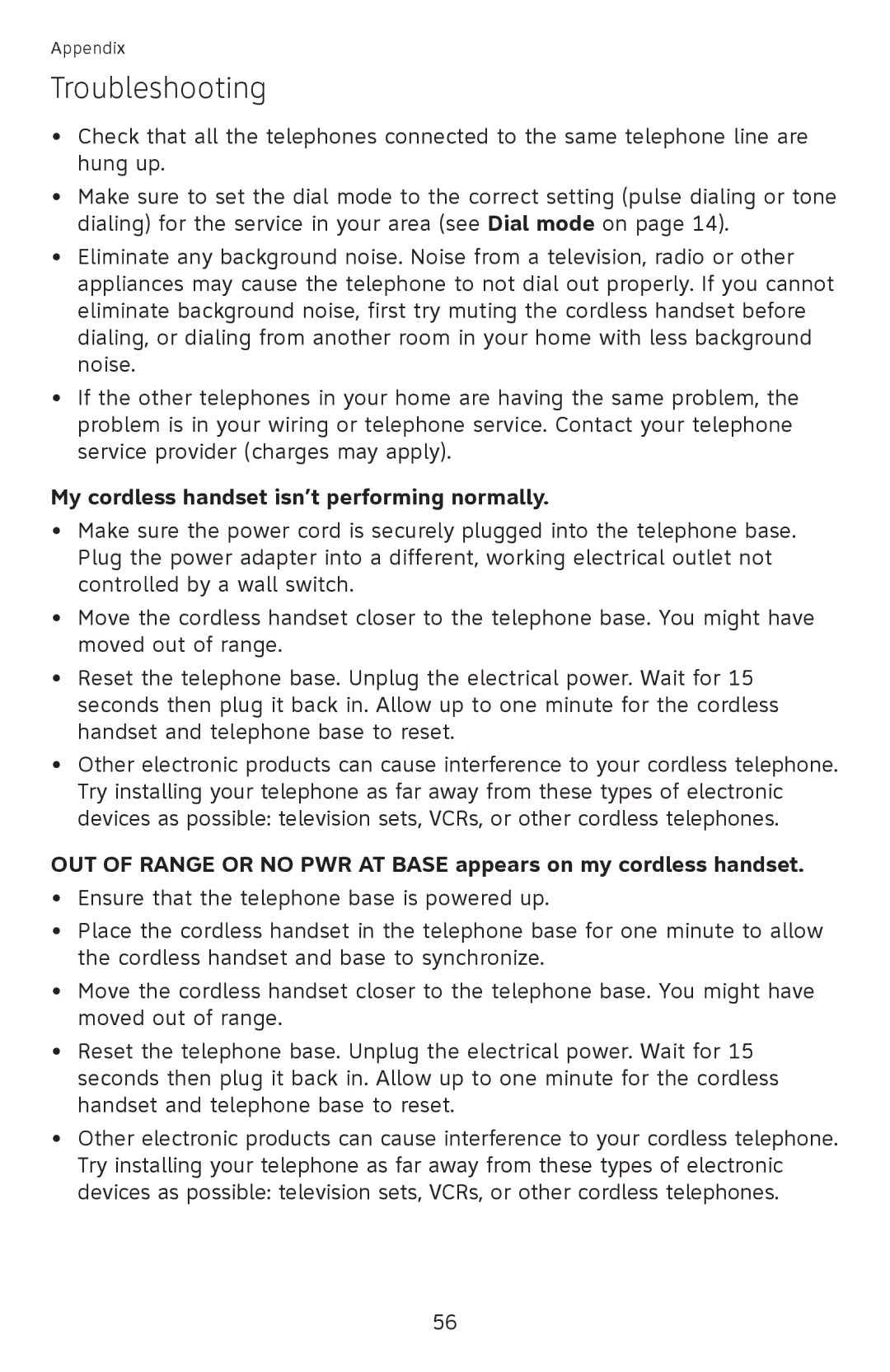 AT&T EL52100, EL52110 user manual My cordless handset isn’t performing normally 