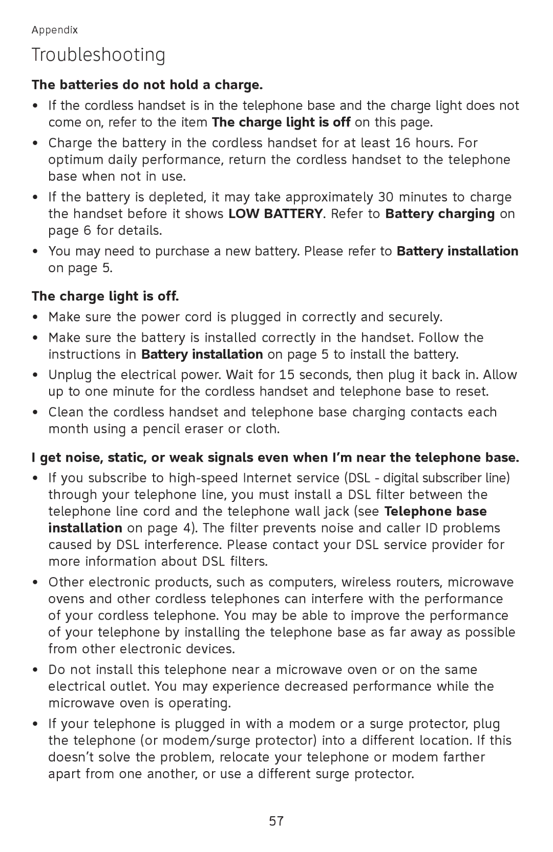 AT&T EL52110, EL52100 user manual Batteries do not hold a charge, Charge light is off 