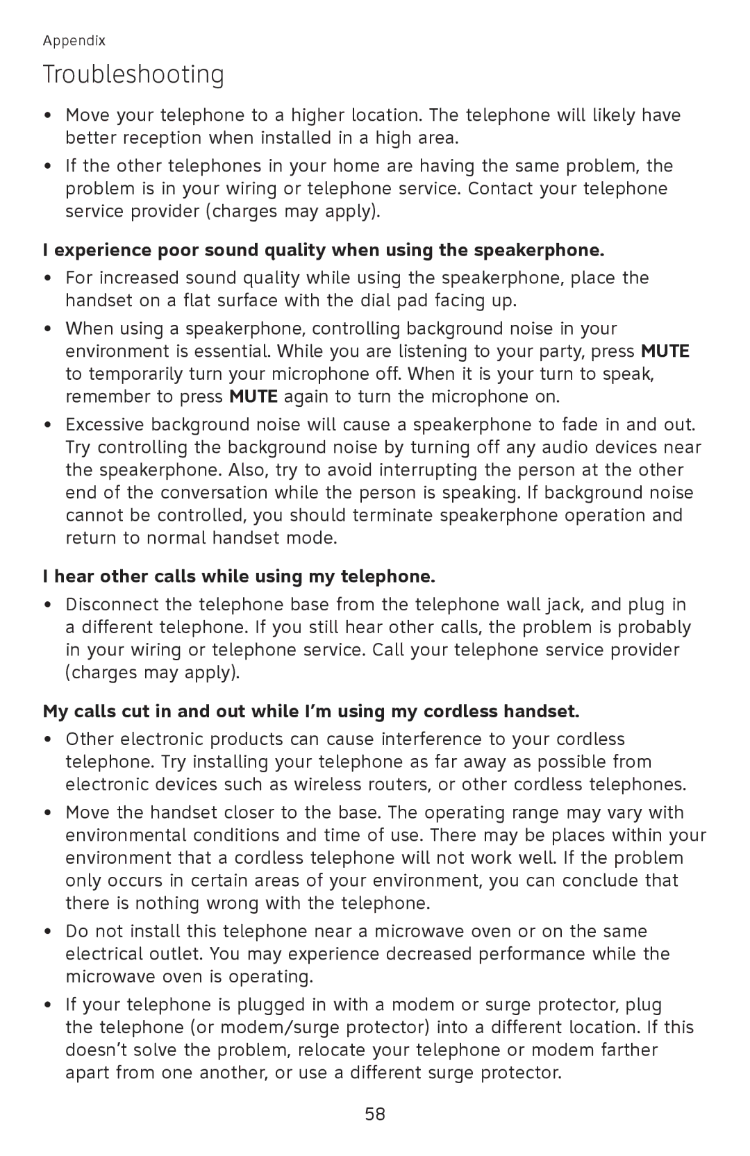 AT&T EL52100, EL52110 Experience poor sound quality when using the speakerphone, Hear other calls while using my telephone 