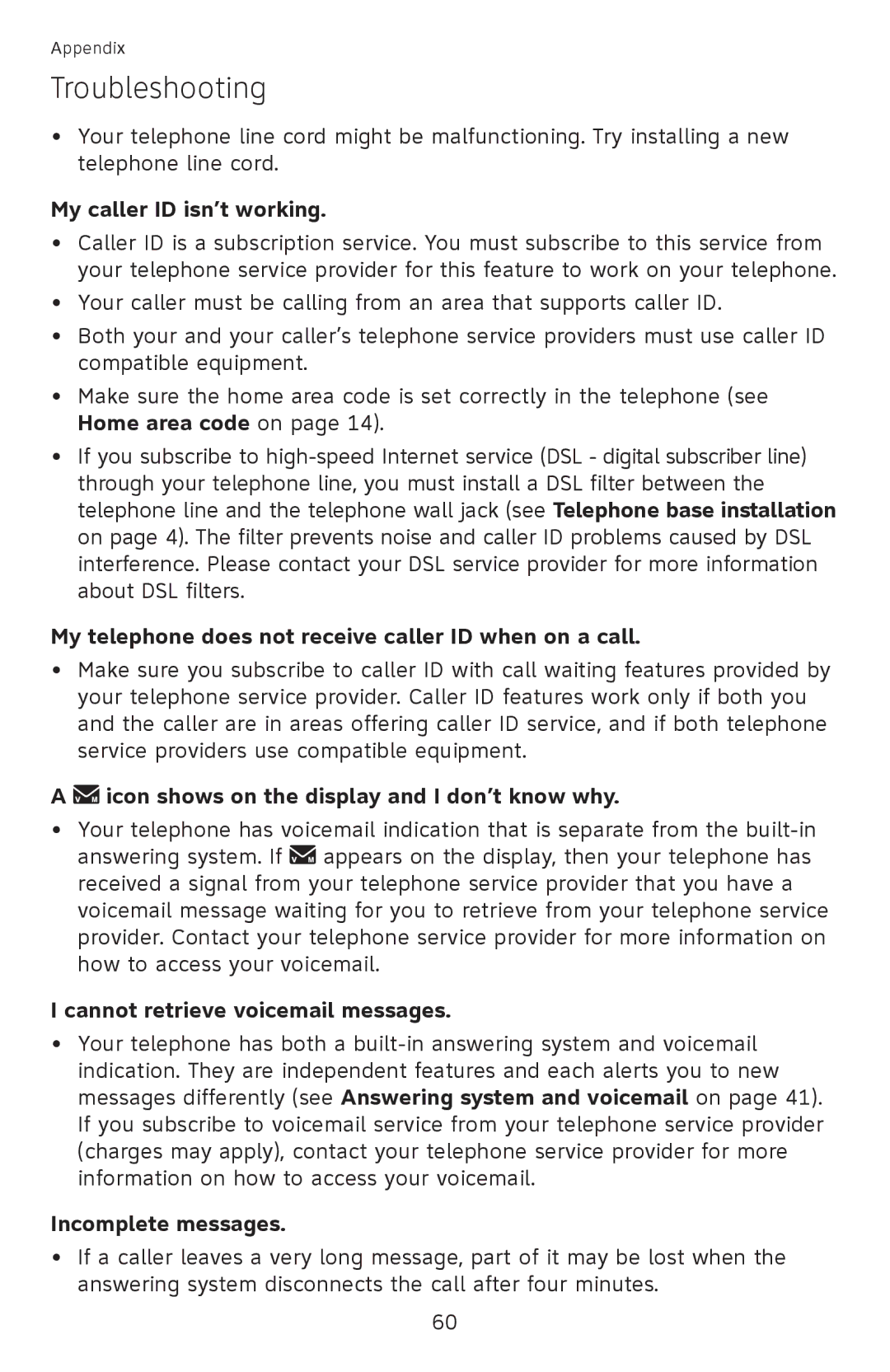 AT&T EL52100 My caller ID isn’t working, My telephone does not receive caller ID when on a call, Incomplete messages 