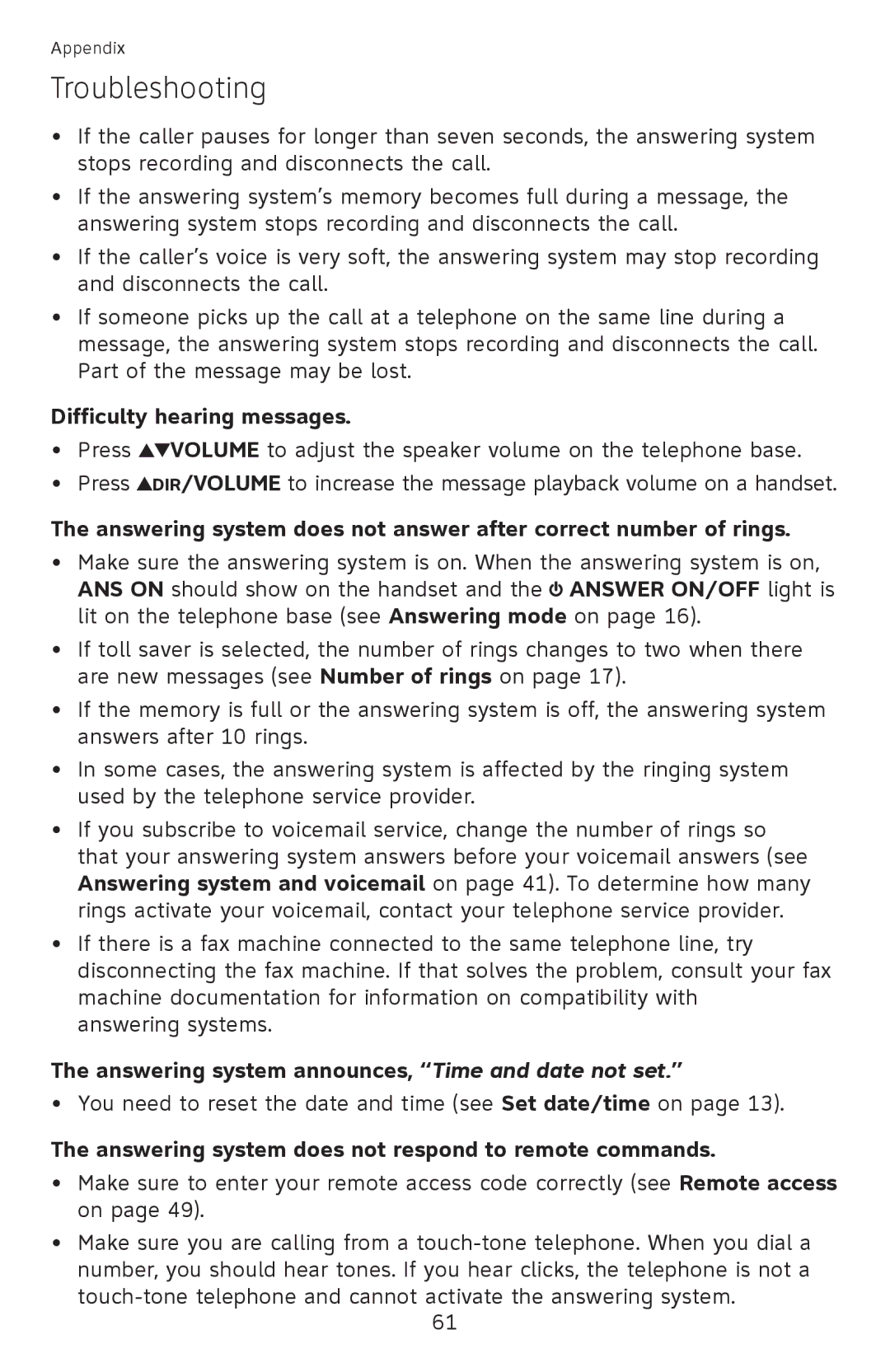 AT&T EL52110, EL52100 user manual Difficulty hearing messages, Answering system announces, Time and date not set 