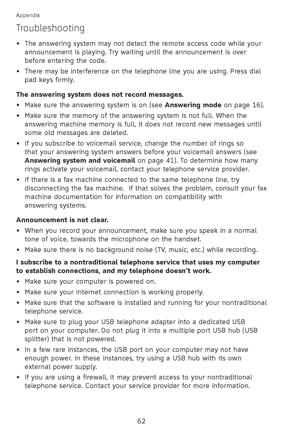 AT&T EL52100, EL52110 user manual Answering system does not record messages, Announcement is not clear 