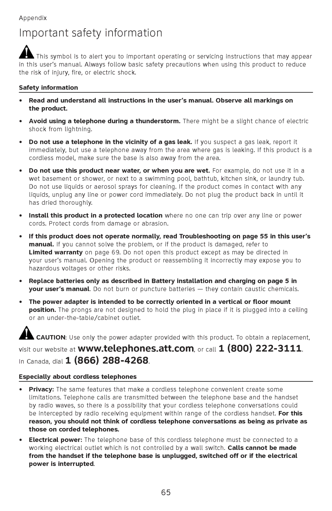 AT&T EL52110, EL52100 user manual Important safety information, Especially about cordless telephones 