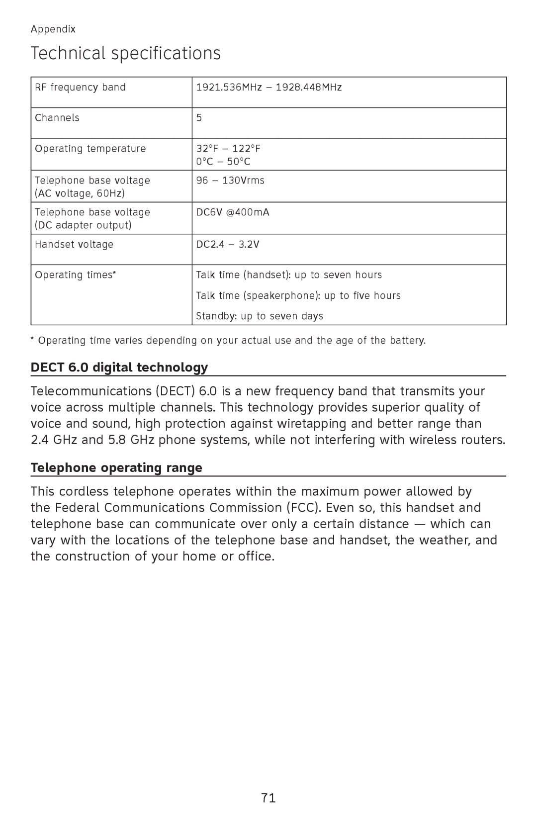 AT&T EL52110, EL52100 user manual Technical specifications, Dect 6.0 digital technology, Telephone operating range 