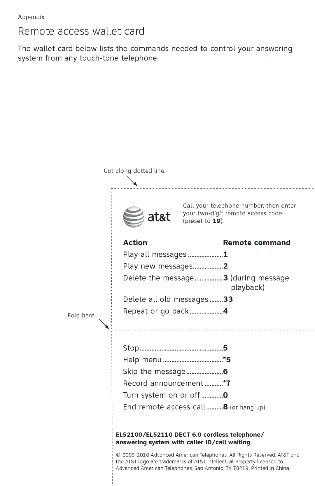 AT&T EL52100, EL52110 user manual Remote access wallet card, Action Remote command, During message, Playback 