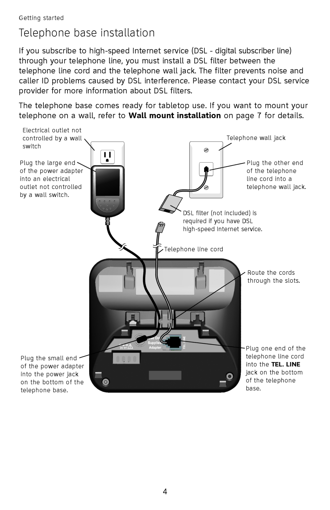 AT&T EL52100, EL52110 user manual Telephone base installation 