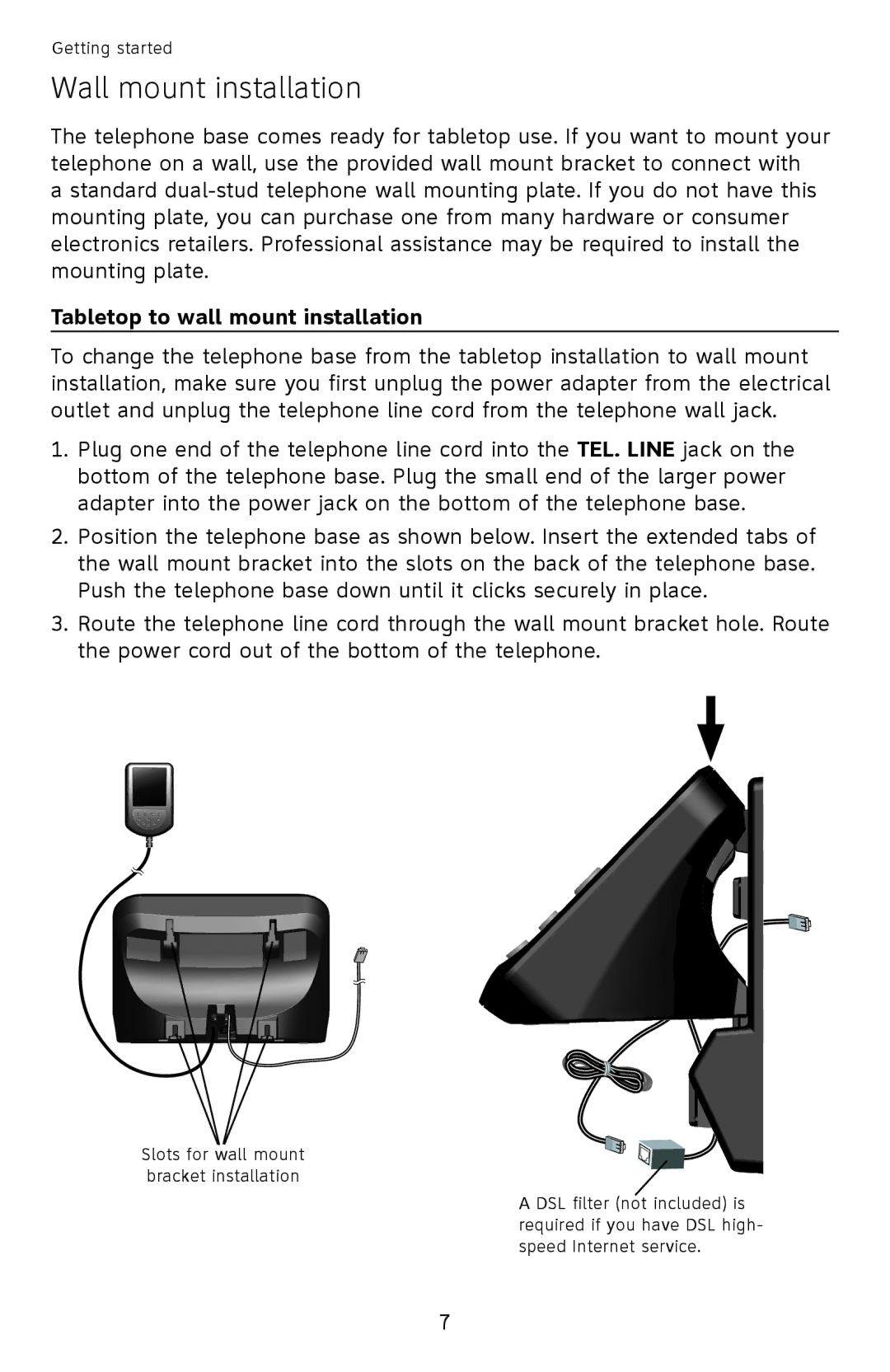 AT&T EL52110, EL52100 user manual Wall mount installation, Tabletop to wall mount installation 