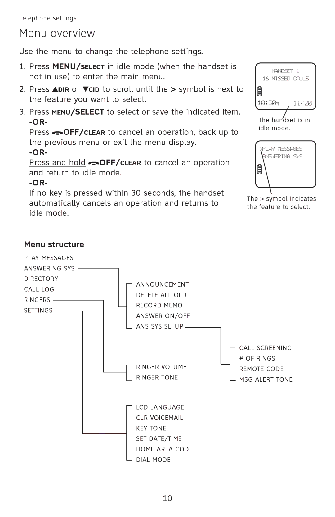 AT&T EL52100, EL52110 user manual Menu overview, Menu structure 