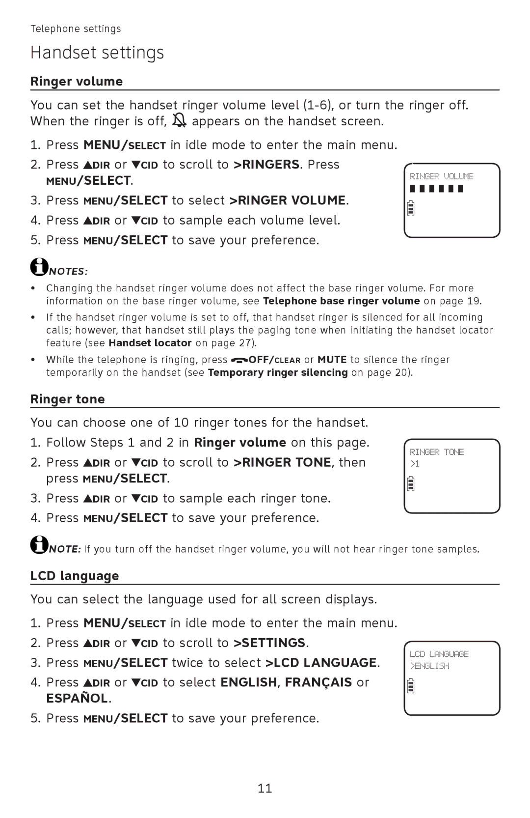 AT&T EL52110 Handset settings, Ringer volume, Press MENU/SELECT to select Ringer Volume, Ringer tone, LCD language 