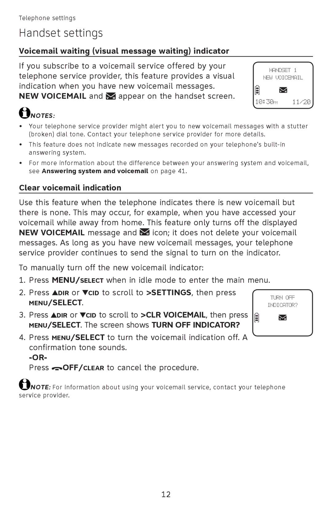 AT&T EL52100, EL52110 user manual Voicemail waiting visual message waiting indicator, Clear voicemail indication 