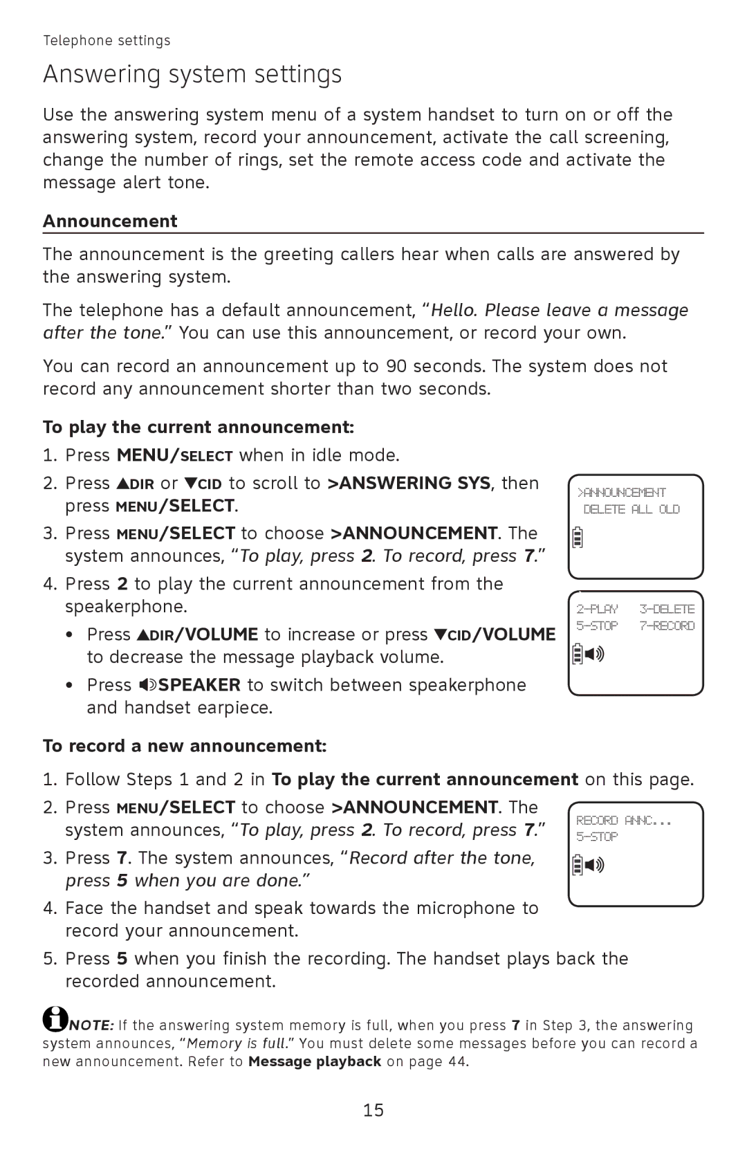 AT&T EL52110 Answering system settings, Announcement, To play the current announcement, To record a new announcement 