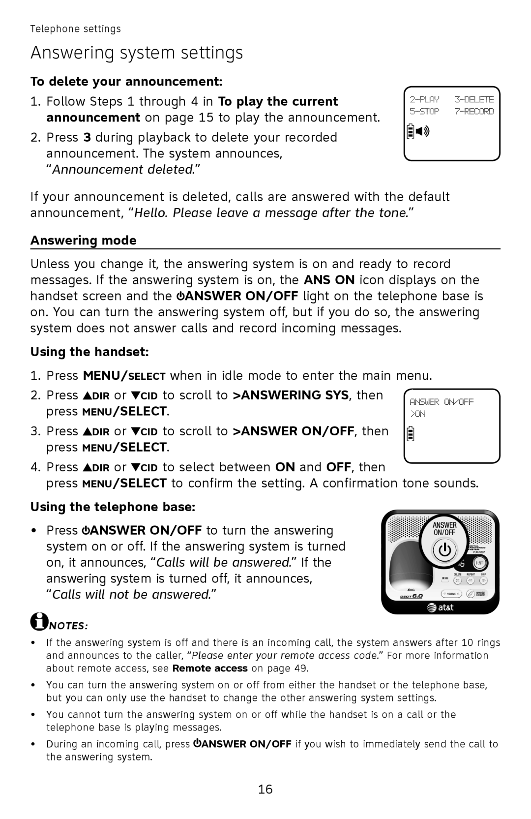 AT&T EL52100, EL52110 user manual To delete your announcement, Answering mode, Using the handset, Using the telephone base 