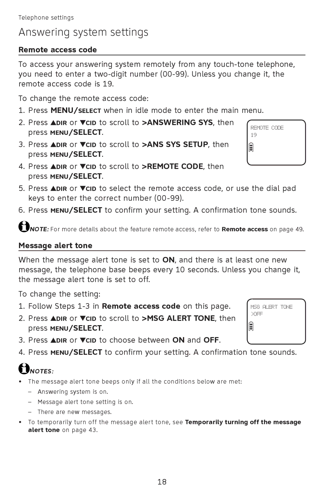 AT&T EL52100, EL52110 user manual Remote access code, Message alert tone 