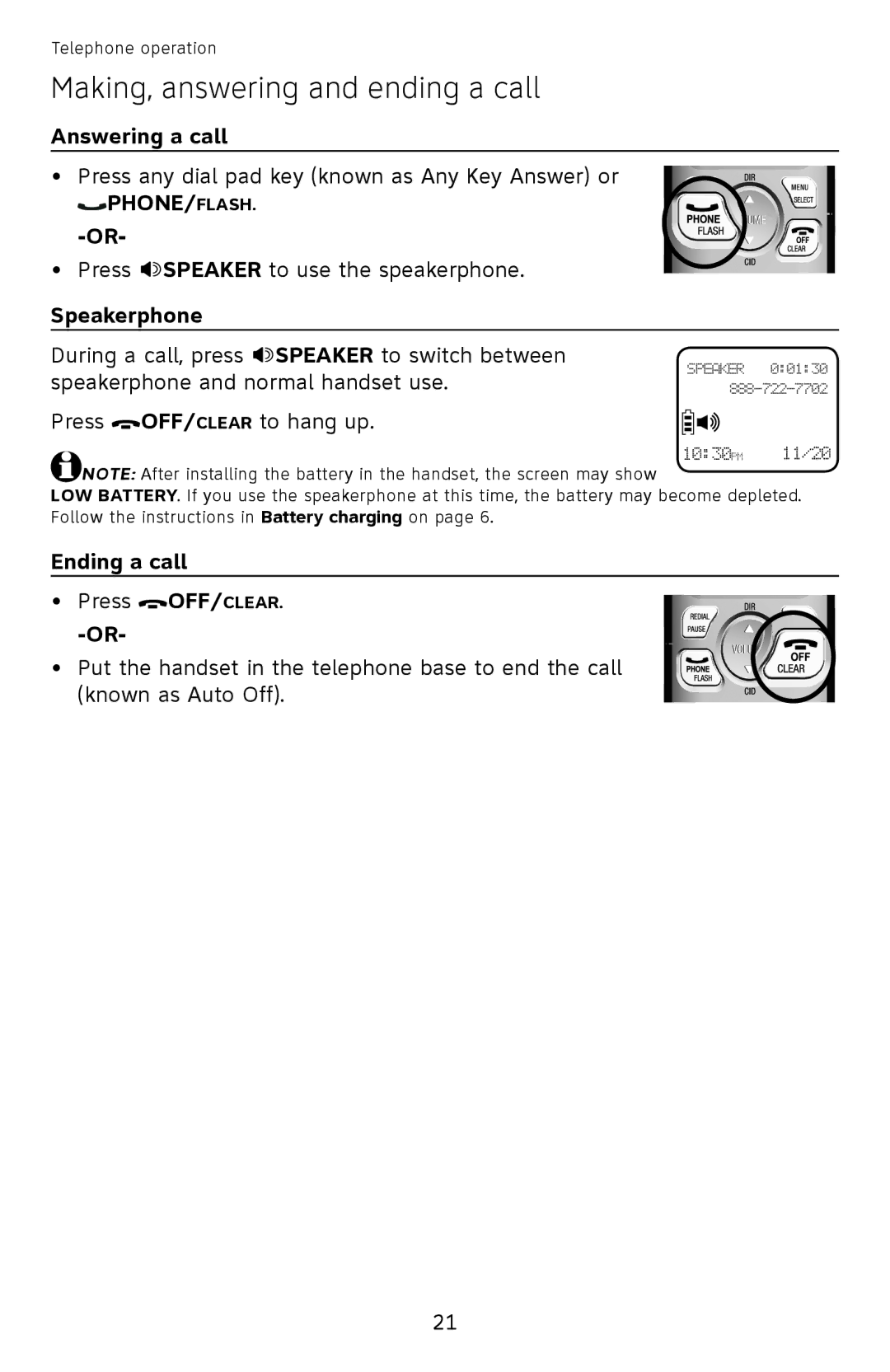 AT&T EL52110, EL52100 user manual Answering a call, Speakerphone, Ending a call 