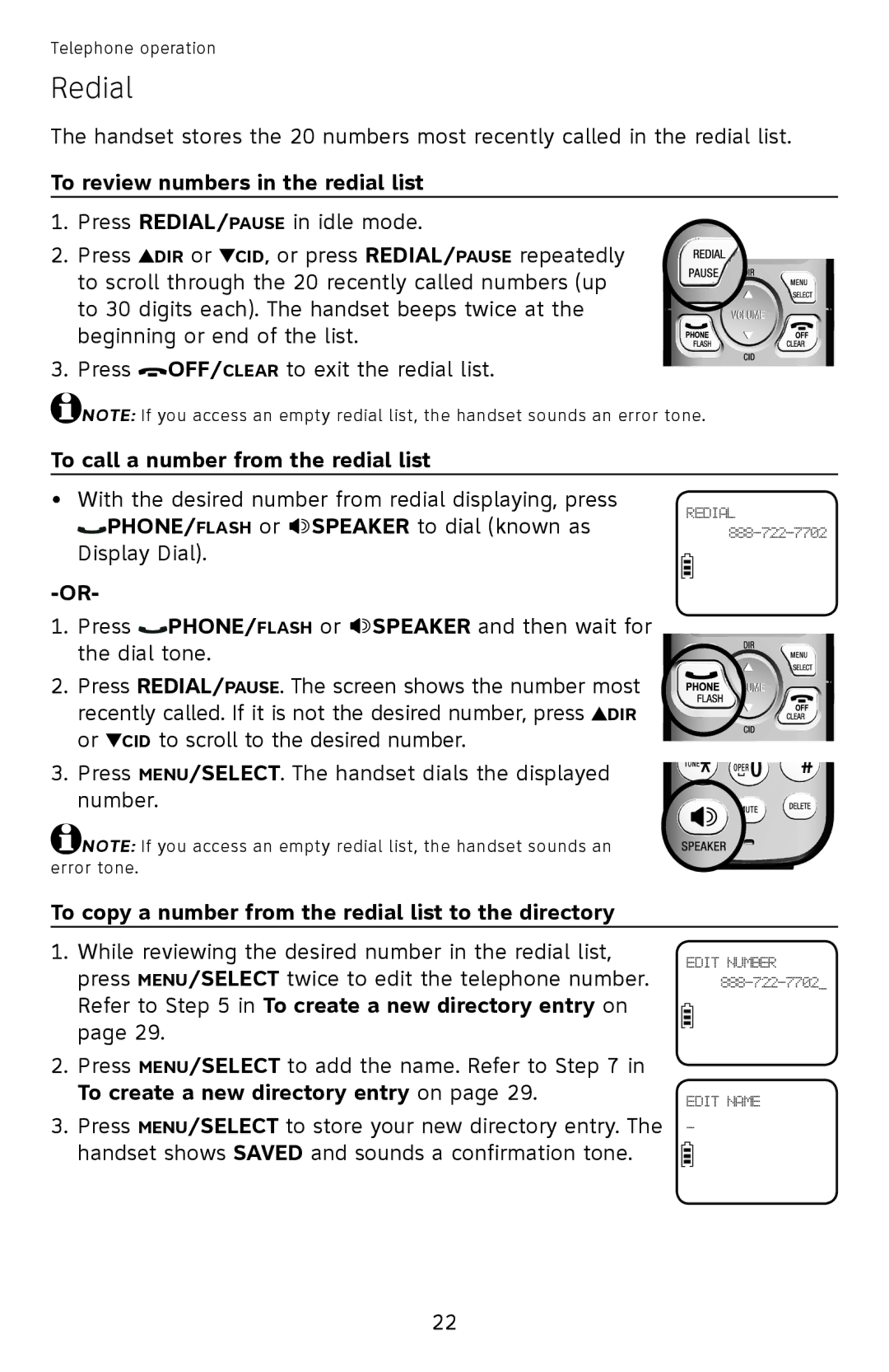 AT&T EL52100, EL52110 user manual Redial 