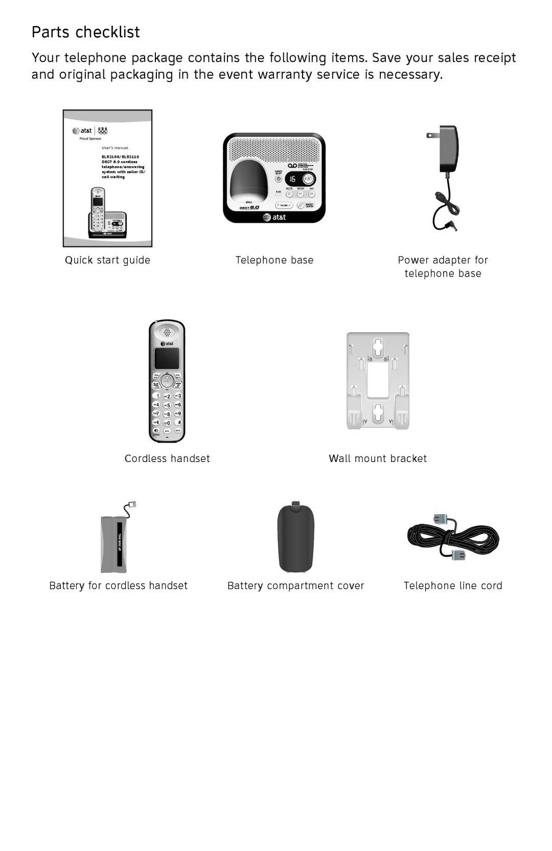 AT&T EL52100, EL52110 user manual Parts checklist 